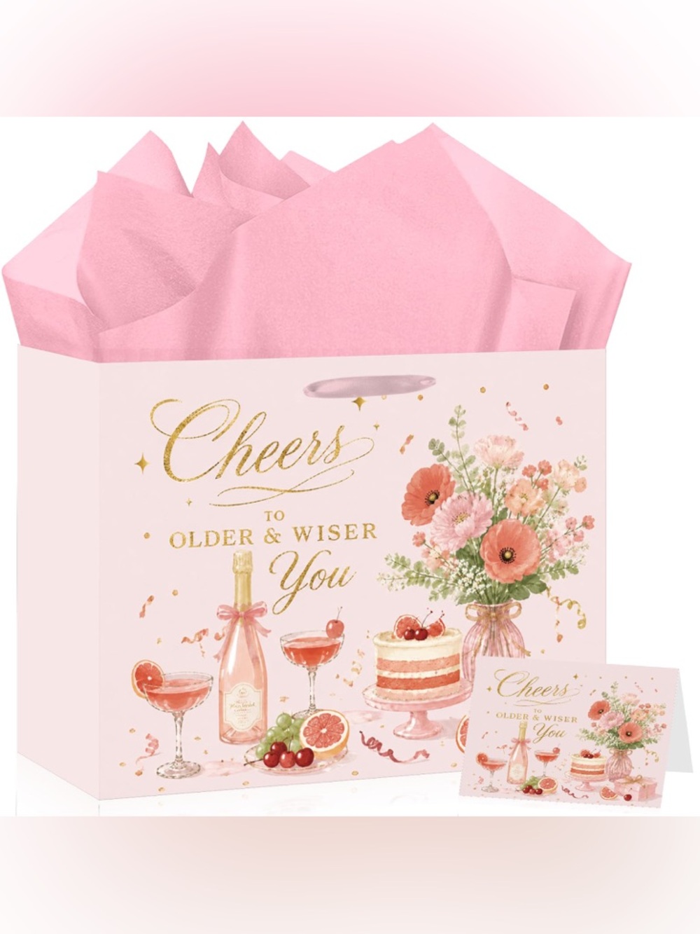 Pink Cheers to Older & Wiser You Gift Bag with Pink Tissue
